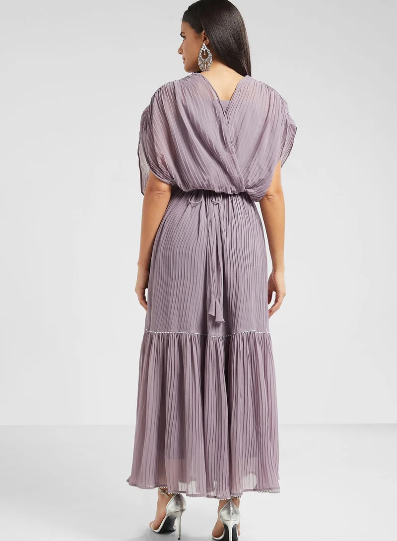 INDDUS Lace Detail Belted Pleated Dress
