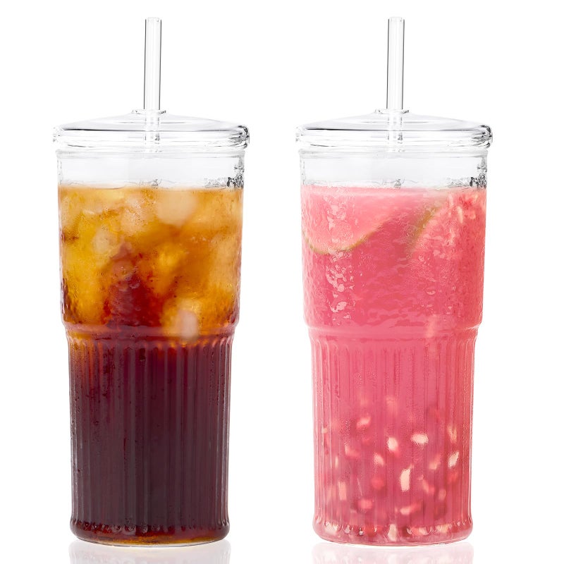 GOSCHE Glass Cups with Lids and Straws, 20oz Glass Cups Drinking Jar, Clear Iced Coffee Cups, Vintage Ripple Glass Tumbler for Water Coffee Tea, Clear, 2Pcs - Image 1