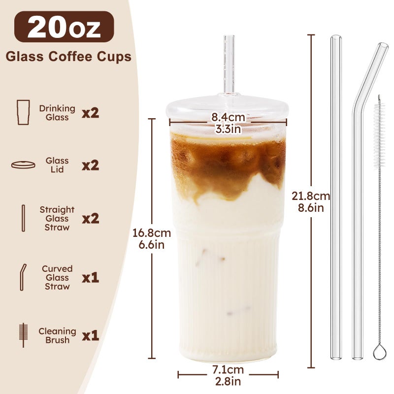 GOSCHE Glass Cups with Lids and Straws, 20oz Glass Cups Drinking Jar, Clear Iced Coffee Cups, Vintage Ripple Glass Tumbler for Water Coffee Tea, Clear, 2Pcs - Image 2