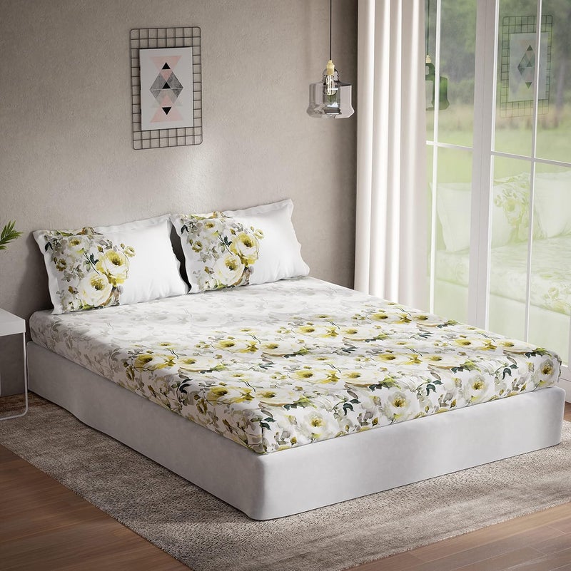 DDECOR Live beautiful DDECOR Floral Cotton 136 TC Double Bed Sheet with 2 Pillow Covers Yellow 