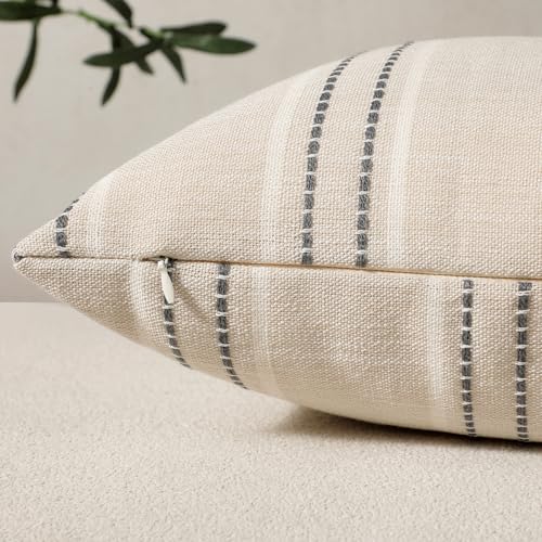 Hckot Hand Made Throw Pillow Covers 12x20 Set of 2 Striped Pillow Covers Textured Linen Decorative Pillows Lumbar Cushion Covers for Sofa Couch Bed Living Room Farmhouse Decor, Grey - Image 2