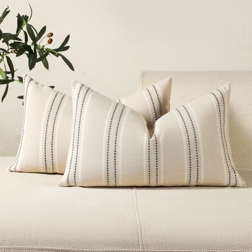 Hckot Hand Made Throw Pillow Covers 12x20 Set of 2 Striped Pillow Covers Textured Linen Decorative Pillows Lumbar Cushion Covers for Sofa Couch Bed Living Room Farmhouse Decor, Grey - Image 1