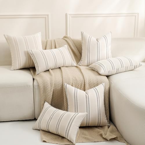 Hckot Hand Made Throw Pillow Covers 12x20 Set of 2 Striped Pillow Covers Textured Linen Decorative Pillows Lumbar Cushion Covers for Sofa Couch Bed Living Room Farmhouse Decor, Grey - Image 5