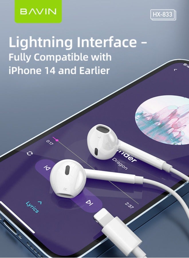 Bavin In-Ear Wired Earphones with Microphone, Hands-Free Calling, Deep Bass, Lightning Connector, Compatible with iPhone 14 and Earlier (White) - Image 3