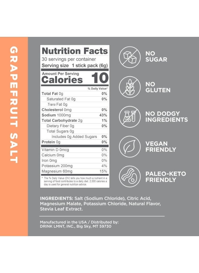 LMNT Grapefruit Salt Electrolyte Drink Mix Sachets 30Pcs