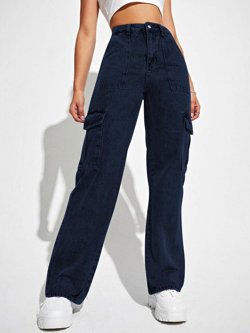 CHKOKKO Women High Rise Denim Solid Regular Fit Jeans Navy 34 - Image 5