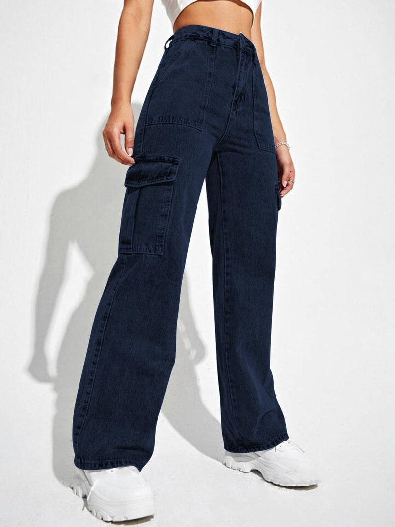 CHKOKKO Women High Rise Denim Solid Regular Fit Jeans Navy 34 - Image 4