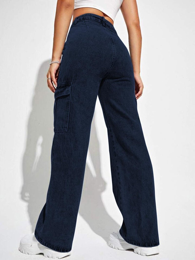 CHKOKKO Women High Rise Denim Solid Regular Fit Jeans Navy 34 - Image 3