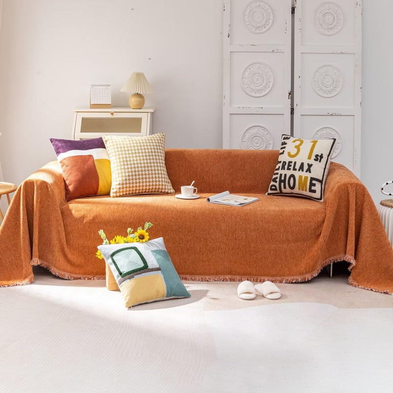 VClife Boho Couch Cover Chenille Sofa Covers for Sectional Sofa Washable Couch Covers for 3 Cushion Couch Sofa Non Slip Dog Sofa Slipcover with Tassel Love Seat Cover Orange 71x 150