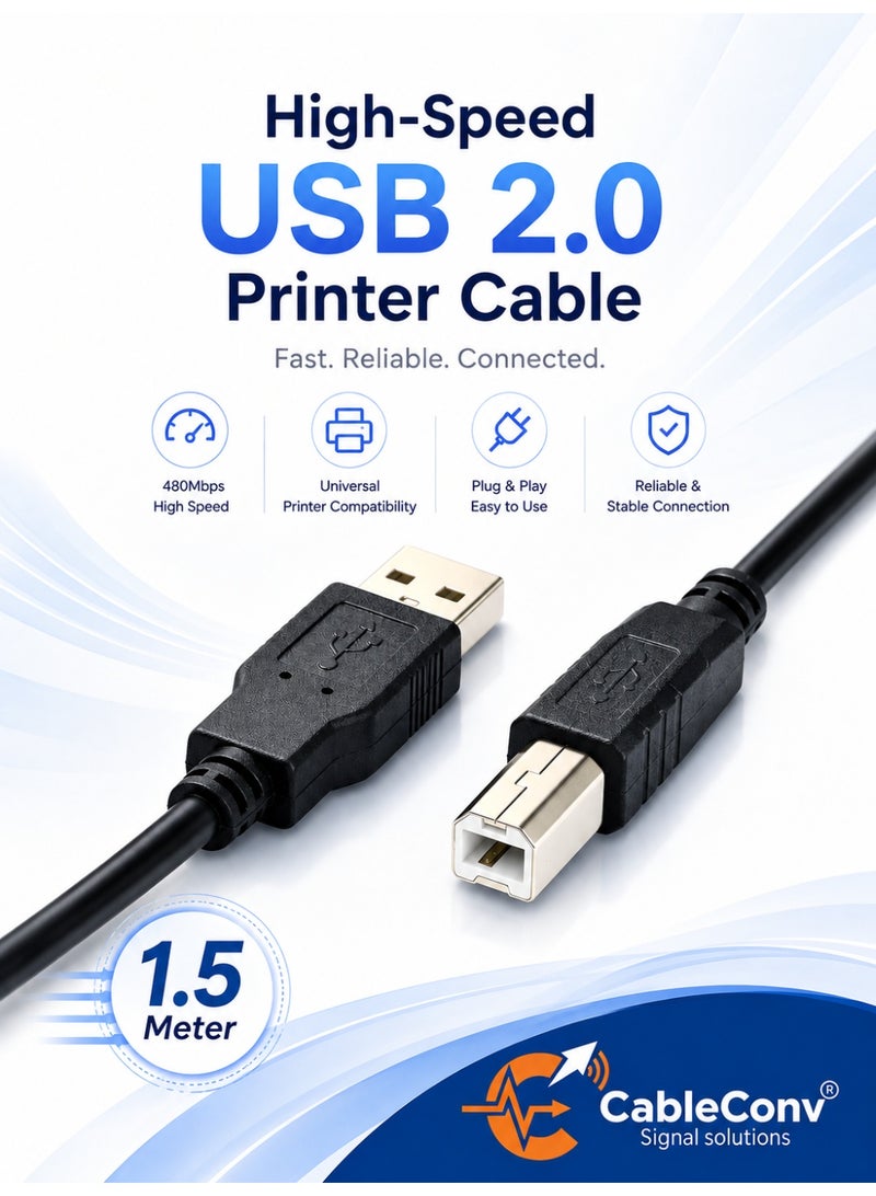 ​كابل كونف كابل طابعة، سلك طابعة USB 2.0 من النوع A ذكر إلى النوع B ذكر، سلك ماسح ضوئي عالي السرعة، متوافق مع HP، Canon، Dell، Epson، Lexmark، Xerox، Samsung وغيرها، أسود - Image 1