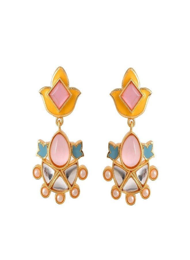 Voylla Forever More Yellow Blue Lotus Drop Earings For Women, Casual, Trendy, Gift for Women - Image 1
