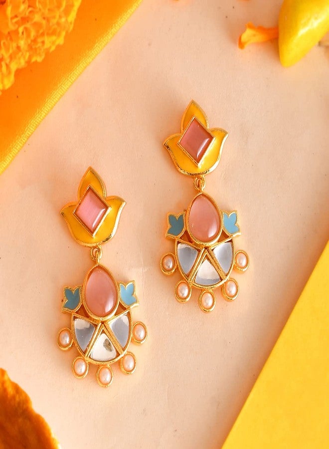 Voylla Forever More Yellow Blue Lotus Drop Earings For Women, Casual, Trendy, Gift for Women - Image 2