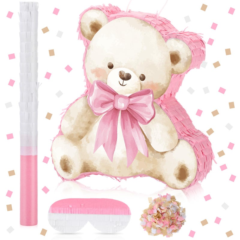 Feifeiya Coquette Pink Bear Piata Pink Party Piata Bundle with a Blindfold Bat and Confetti Birthday Coquette Party Supplies - Image 3