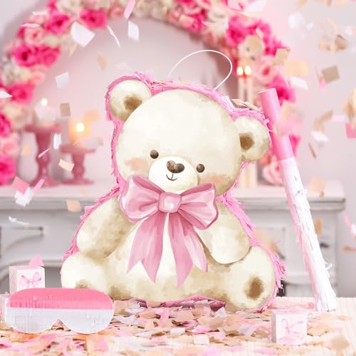 Feifeiya Coquette Pink Bear Piata Pink Party Piata Bundle with a Blindfold Bat and Confetti Birthday Coquette Party Supplies - Image 5