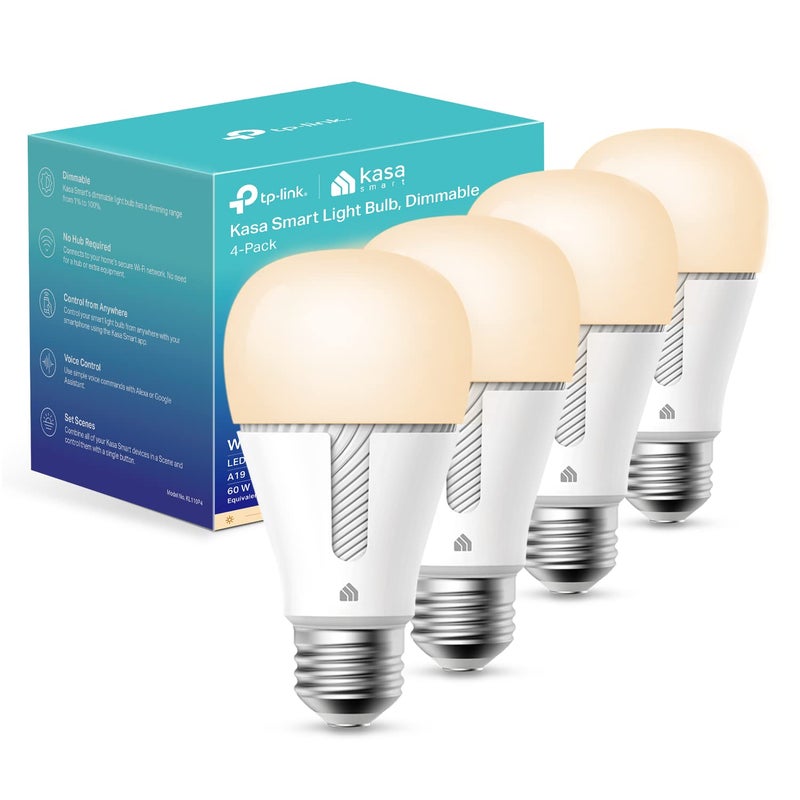 Kasa Smart Light Bulbs that works with Alexa and Google Home, Dimmable Smart LED Bulb, A19, 9W, 800Lumens, Soft White(2700K), CRIâ‰¥90, WiFi 2.4Ghz only, No Hub Required, 4 Count (Pack of 1)(KL110P4) - Image 1