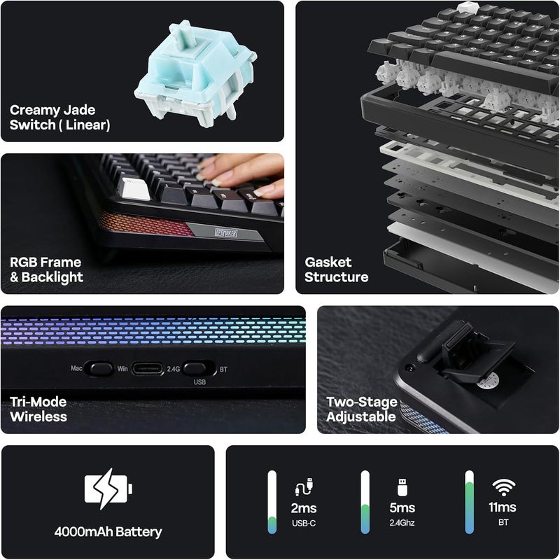 EPOMAKER TH85 QMK/VIA Wireless Gaming Keyboard, BT5.0/2.4GHz/USB-C, Hot Swappable Pre-lubed Custom Creamy Jade Linear Switches, Gasket Creamy Keyboard for PC/Mac/Office/Gaming (Black) - Image 2