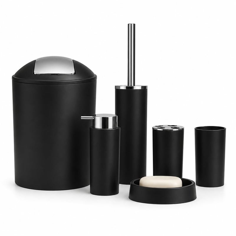 MEMO 6-Piece Plastic Bathroom Accessories Set, Modern Bathroom Organizer Kit with Trash Bin, Toilet Brush, Soap Dish, Soap Dispenser & Toothbrush Holder, Stylish Bathroom Decor Set – Black - Image 1