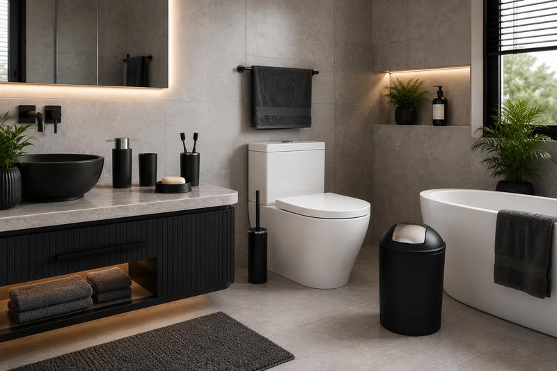 MEMO 6-Piece Plastic Bathroom Accessories Set, Modern Bathroom Organizer Kit with Trash Bin, Toilet Brush, Soap Dish, Soap Dispenser & Toothbrush Holder, Stylish Bathroom Decor Set – Black - Image 5