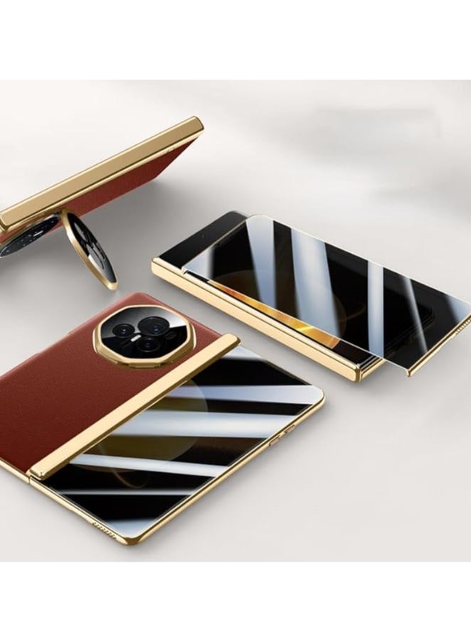 Compatible with Honor Magic V3 Electroplated Frame Magnetic Hinge Protection Grain Leather Case with Lens Holder Privacy Screen Protector For Magic V3 - Image 1