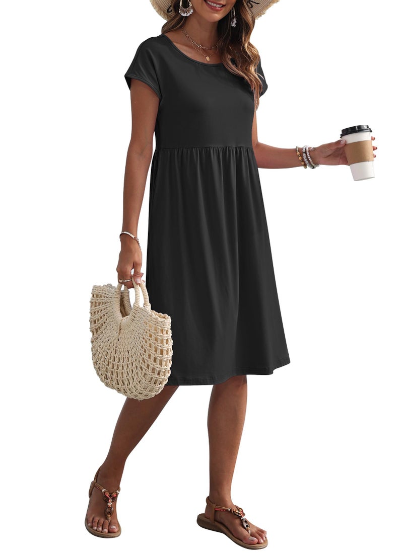 AUSELILY Women's Summer Short Sleeve Knee-Length Dresses Round Neck Loose Dress with Pockets 2026 New, Black L - Image 5