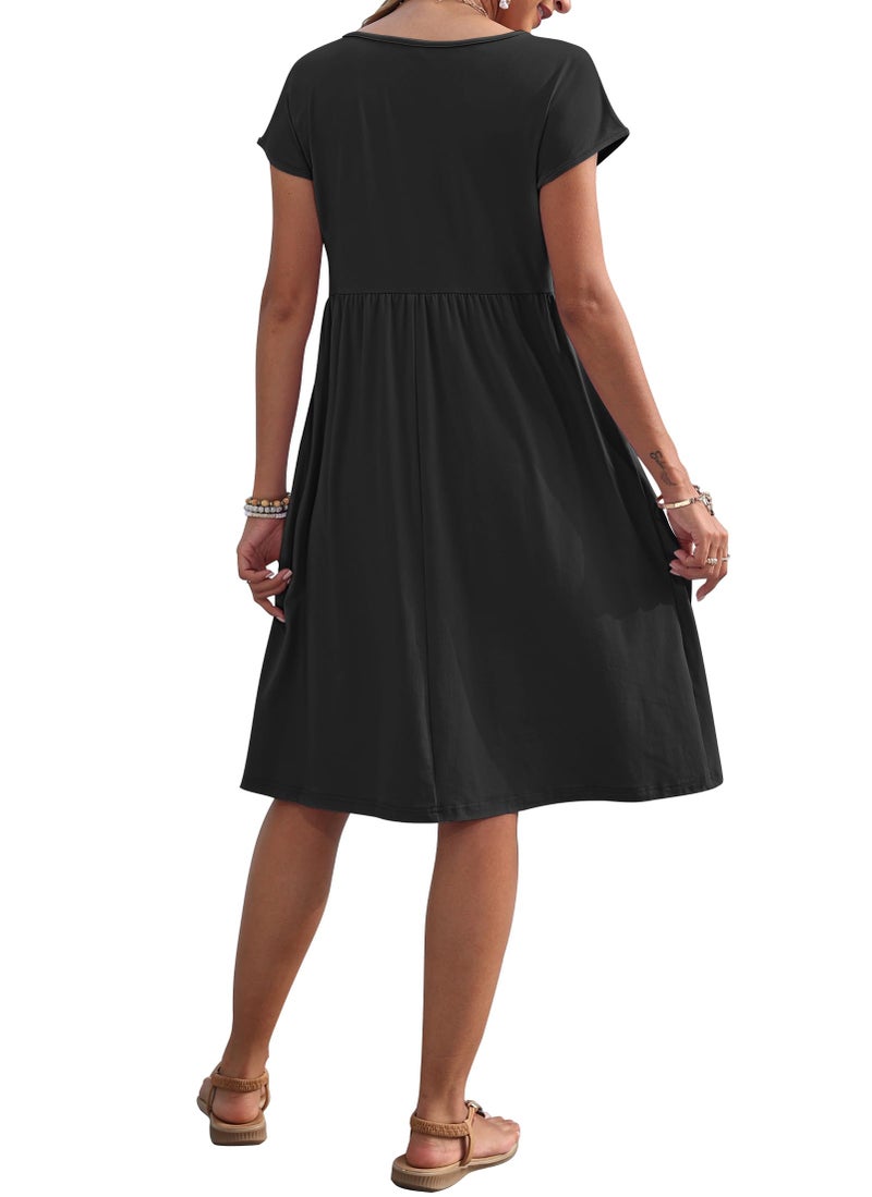 AUSELILY Women's Summer Short Sleeve Knee-Length Dresses Round Neck Loose Dress with Pockets 2026 New, Black L - Image 4