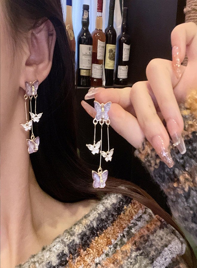 اتش تي اتش أقراط فراشة كريستالية للنساء من HTH، أقراط متدلية بشرابة مزينة بفراشات زركونيا مكعبة بنفسجية لطيفة (B، بنفسجي) - Image 2