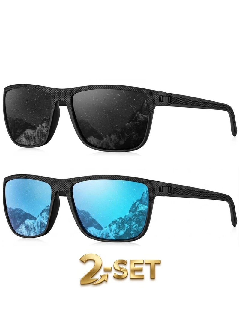 Pack of 2 Polarized Sport Sunglasses Unisex, Carbon Texture Frame, UV400 Driving, Ice Blue & Black - Image 1