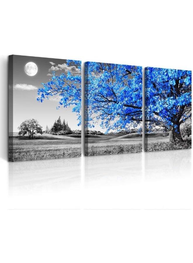 DZRWUBHS Canvas Wall Art For Living Room Modern Wall Decor For Office Black And White Blue Tree Wall Painting Scenery Wall Pictures Artwork For Bedroom Room Home Decor Prints Art 16" X 24" 3 Piece - Image 1