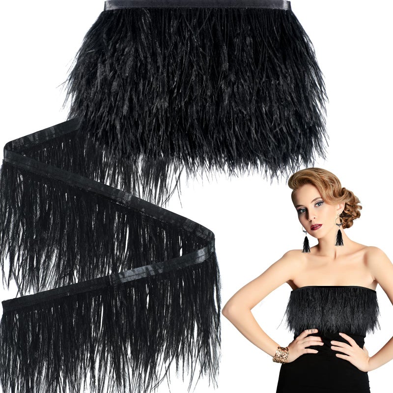 Janinka 10 Yards Black Ostrich Feathers Trims with Satin Ribbon Tape Black Sewing Fringe Trim 324 Inch Feathers Fringe for DIY Dress Sewing Crafts Costumes Decoration