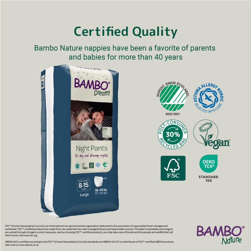 BAMBO NATURE سراويل بامبو الليلية الحلمية، سراويل سحب، حفاضات ليلية صديقة للبيئة تبقي الأسرة جافة طوال الليل، حفاضات تدريب السحب، آمنة، مريحة، سراويل تدريب على استخدام المرحاض، للأطفال من عمر 8-15، 35-50 كجم، 10 قطع - Image 2