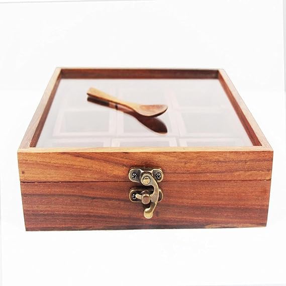 RJ kitchenware Store Nine Blends Spice Box with 12 Containers Spoon Sheesham Wood Wooden Spice Box Set for Kitchen Masala Spice Boxes Masala Daani Namak Dani Dabba Multipurpose - Image 3