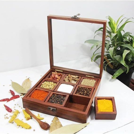 RJ kitchenware Store Nine Blends Spice Box with 12 Containers Spoon Sheesham Wood Wooden Spice Box Set for Kitchen Masala Spice Boxes Masala Daani Namak Dani Dabba Multipurpose - Image 1