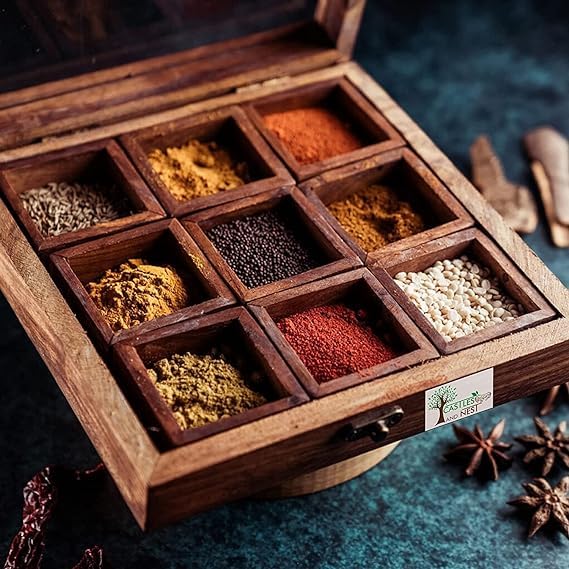 RJ kitchenware Store Nine Blends Spice Box with 12 Containers Spoon Sheesham Wood Wooden Spice Box Set for Kitchen Masala Spice Boxes Masala Daani Namak Dani Dabba Multipurpose - Image 2