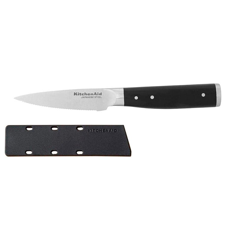 KitchenAid KitchenAid Gourmet Forged Triple Rivet Serrated Paring Knife with Custom-Fit Blade Cover, 3.5-inch, Sharp Kitchen Knife, High-Carbon Japanese Stainless Steel Blade, Black  - Image 1