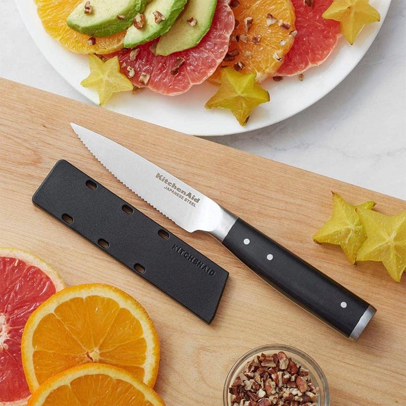 KitchenAid KitchenAid Gourmet Forged Triple Rivet Serrated Paring Knife with Custom-Fit Blade Cover, 3.5-inch, Sharp Kitchen Knife, High-Carbon Japanese Stainless Steel Blade, Black  - Image 3