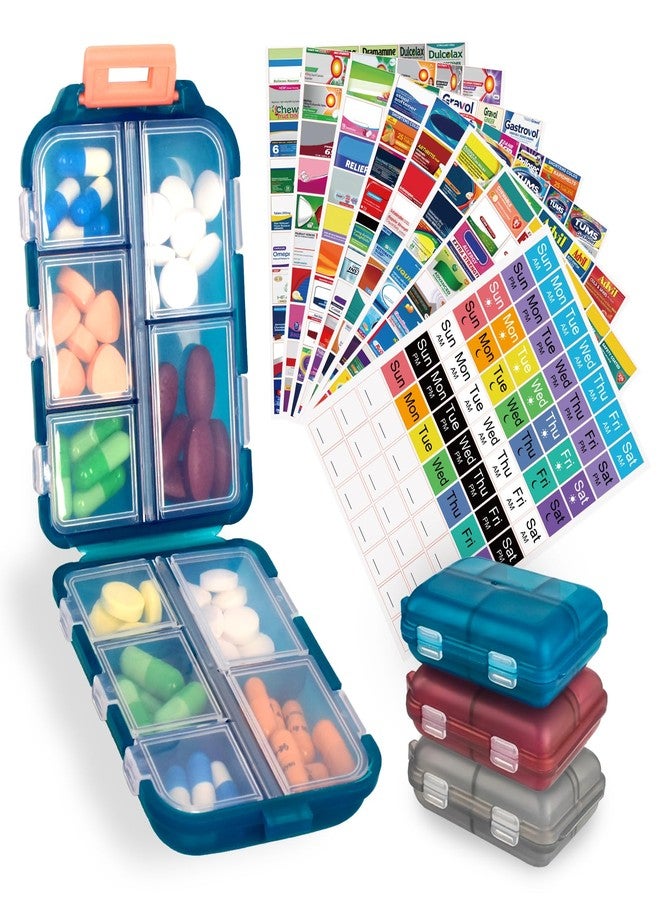Cualfec 3 Pack Pill Organizer Travel Case - 10 Compartments Large Weekly Pill Container with 420 Labels, Double Lock Design, Portable for Home/Travel/Purse - Image 1