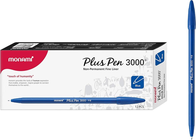 Monami Plus Pen 3000 Felt Tip Pens, Fine Point (0.4mm), Fine Liner, Writing/Journaling/Note Taking at home, school and office, Blue, 12-Count - Image 1