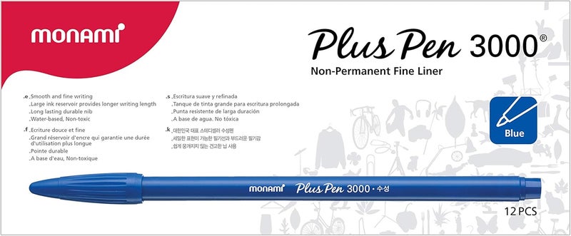 Monami Plus Pen 3000 Felt Tip Pens, Fine Point (0.4mm), Fine Liner, Writing/Journaling/Note Taking at home, school and office, Blue, 12-Count - Image 4