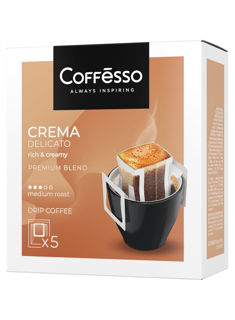 COFFeSSO Crema Delicato 100% Premium Arabica and Robusta Ground Coffee 5 Sachets Drip Bags 45 g  - Image 1