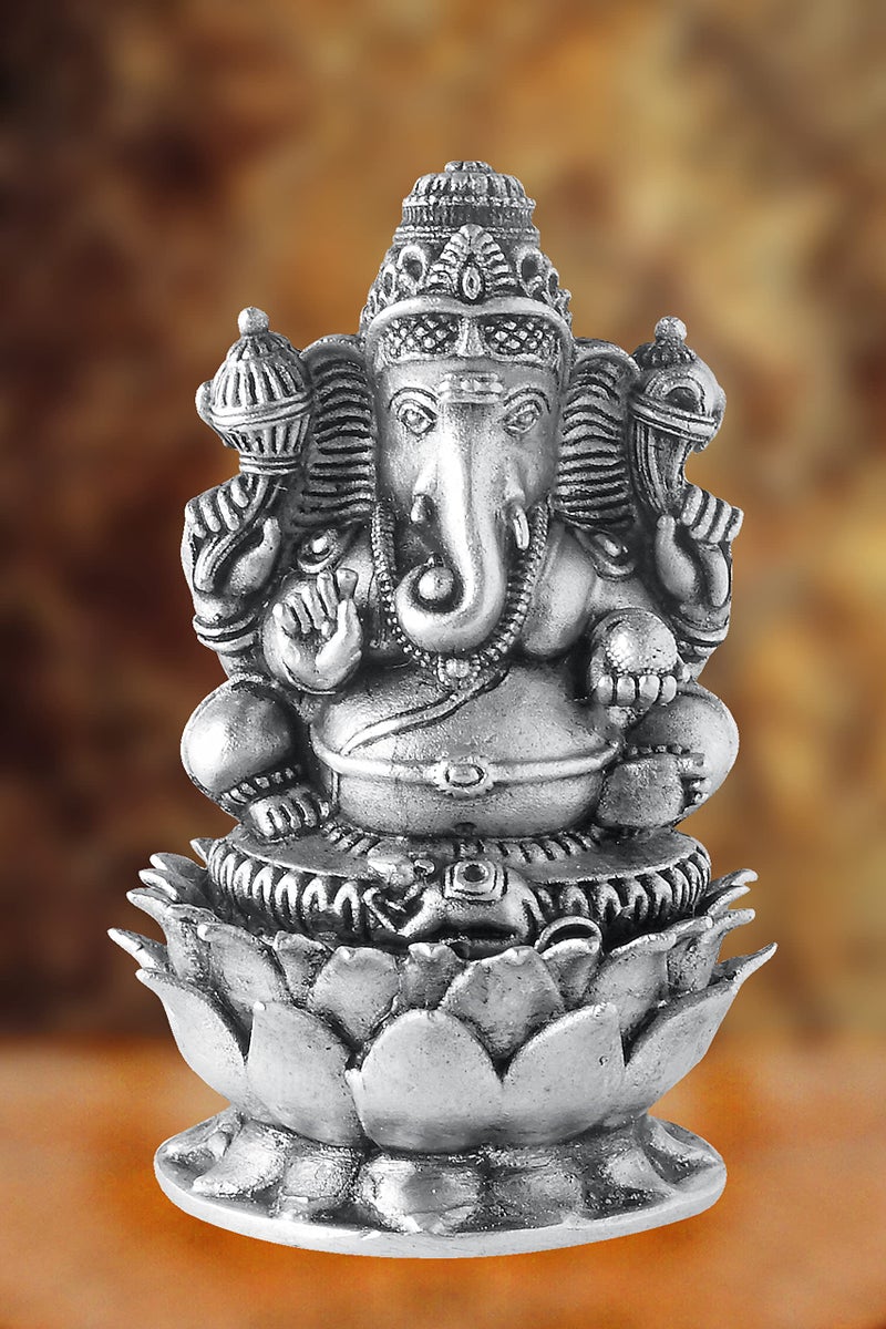PRD CARATCAFE Silver Ganesha Murti for Car Dashboard, Home & Office Use Made in Pure 925 Solid Chandi Metal Idol of Ganesh Ji On Lotus. Antique Look Gift Item for All Occasions & Festivals - Image 2