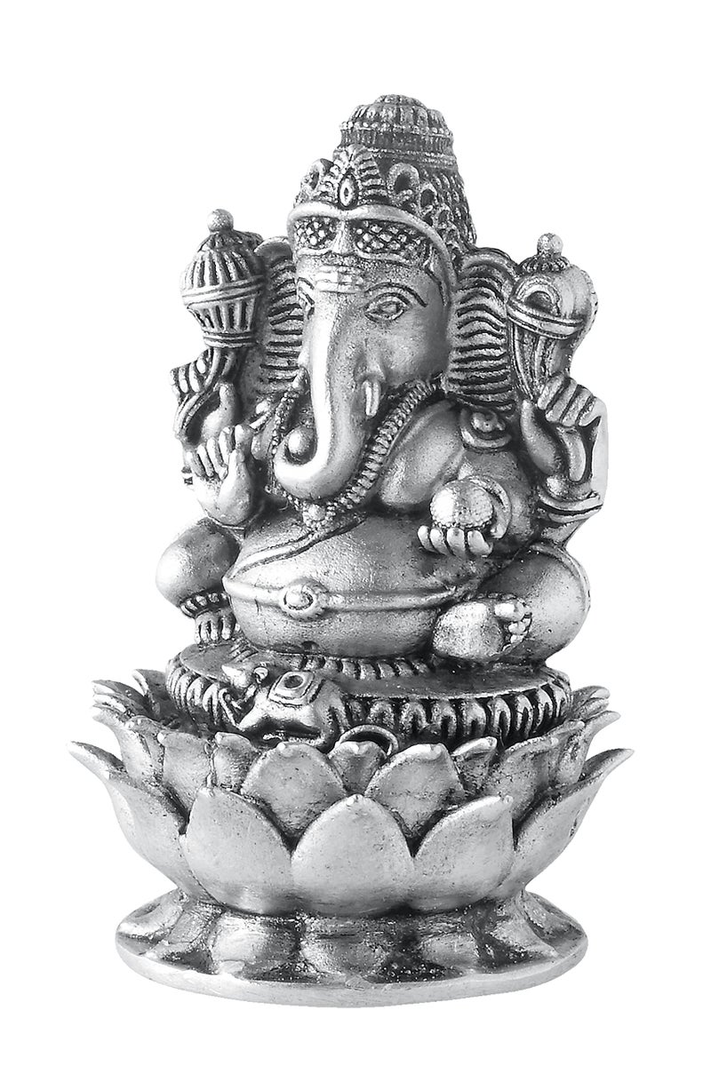 PRD CARATCAFE Silver Ganesha Murti for Car Dashboard, Home & Office Use Made in Pure 925 Solid Chandi Metal Idol of Ganesh Ji On Lotus. Antique Look Gift Item for All Occasions & Festivals - Image 3