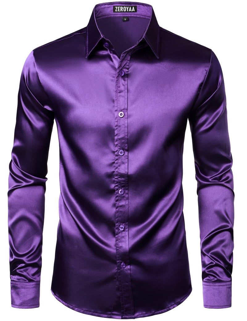 ZEROYAA Men's Luxury Shiny Silk Like Satin Button Up Dress Shirts ZLCL14 Dark Purple Medium - Image 3