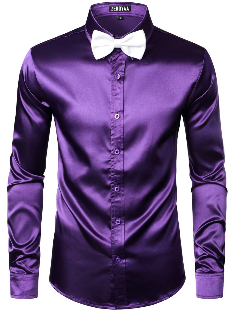 ZEROYAA Men's Luxury Shiny Silk Like Satin Button Up Dress Shirts ZLCL14 Dark Purple Medium - Image 1