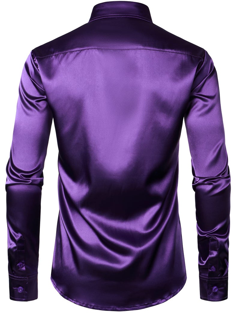 ZEROYAA Men's Luxury Shiny Silk Like Satin Button Up Dress Shirts ZLCL14 Dark Purple Medium - Image 2