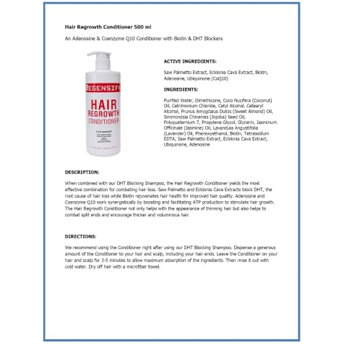 REGENSIFY HAIR REGROWTH CONDITIONER 500 ML (17 FL OZ) [ADENOSINE AND COENZYME Q10 CONDITIONER WITH BIOTIN & DHT BLOCKERS] - Image 3