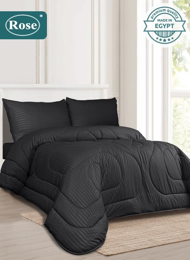 Rose Hotel Stripe Comforter Set, Premium Microfiber, 4 pieces, Fits 120x200 cm Single Size Bed, Soft Lightweight, Extra Twin Size Comforter, Black - Image 1