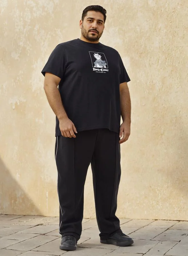 ماكسيم Plus Size Black Clover Print Crew Neck T-shirt