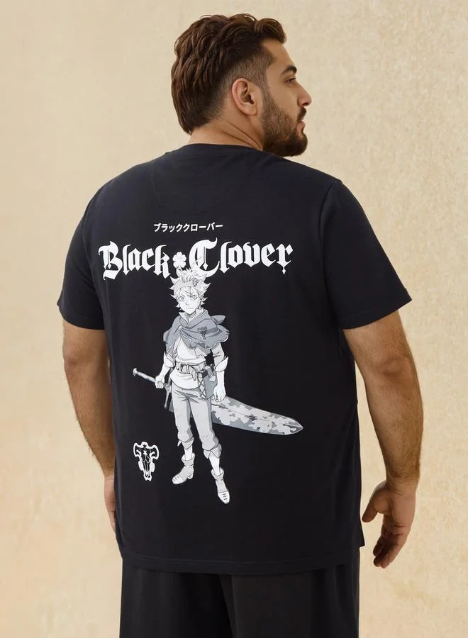 ماكسيم Plus Size Black Clover Print Crew Neck T-shirt