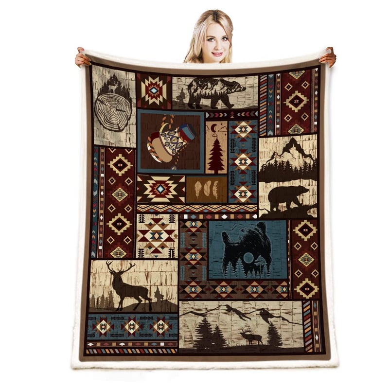 Aztec Fall Rustic Southwestern American Native Blanket  Navajo Mexican Indian Bear and Deer Design  Farmhouse Decor for Couch Bed Living Room