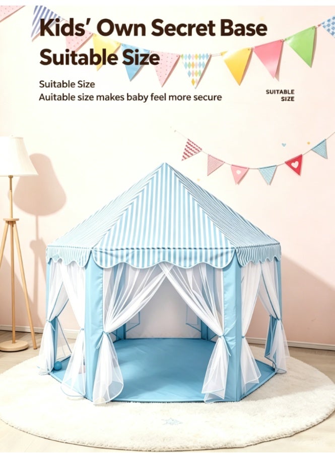 CityRiya-Long Hexagonal Kids Play Tent, Blue Striped Princess Castle Playhouse with Sheer Curtain, Large Indoor Outdoor Play Tent for Toddlers Boys Girls, Perfect Birthday Gift for Children (RE1113B) - Image 2